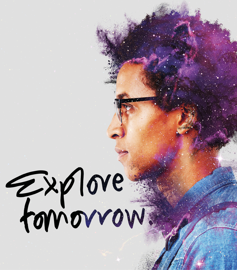 Bristol Careers: Young guy in glasses merged with galaxies and stars, with the words Explore Tomorrow