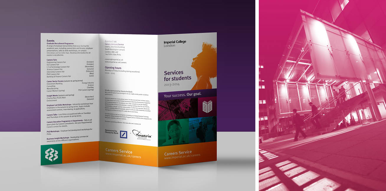 Imperial College London Careers Service branded leaflet and monotone photography