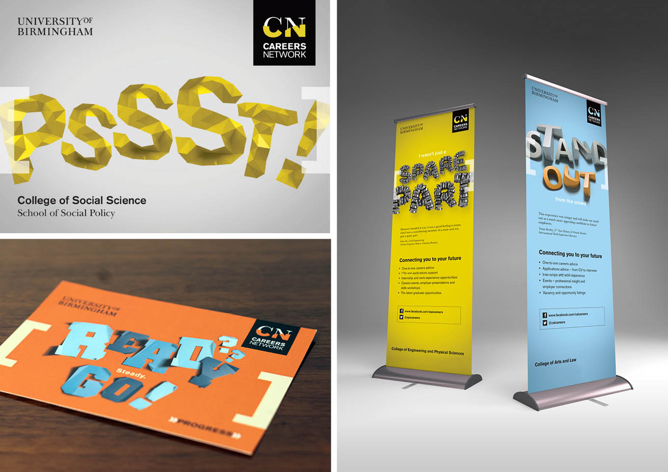 University of Birmingham Careers Network branding shown on marketing material and banner stands