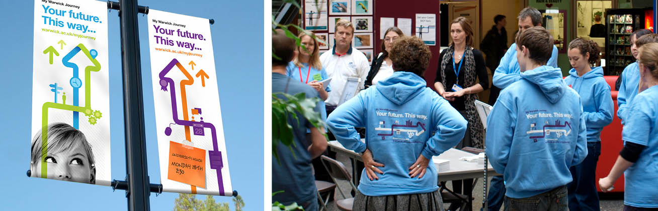 University of Warwick’s Student Careers & Skills brand on campus signage and hoodies