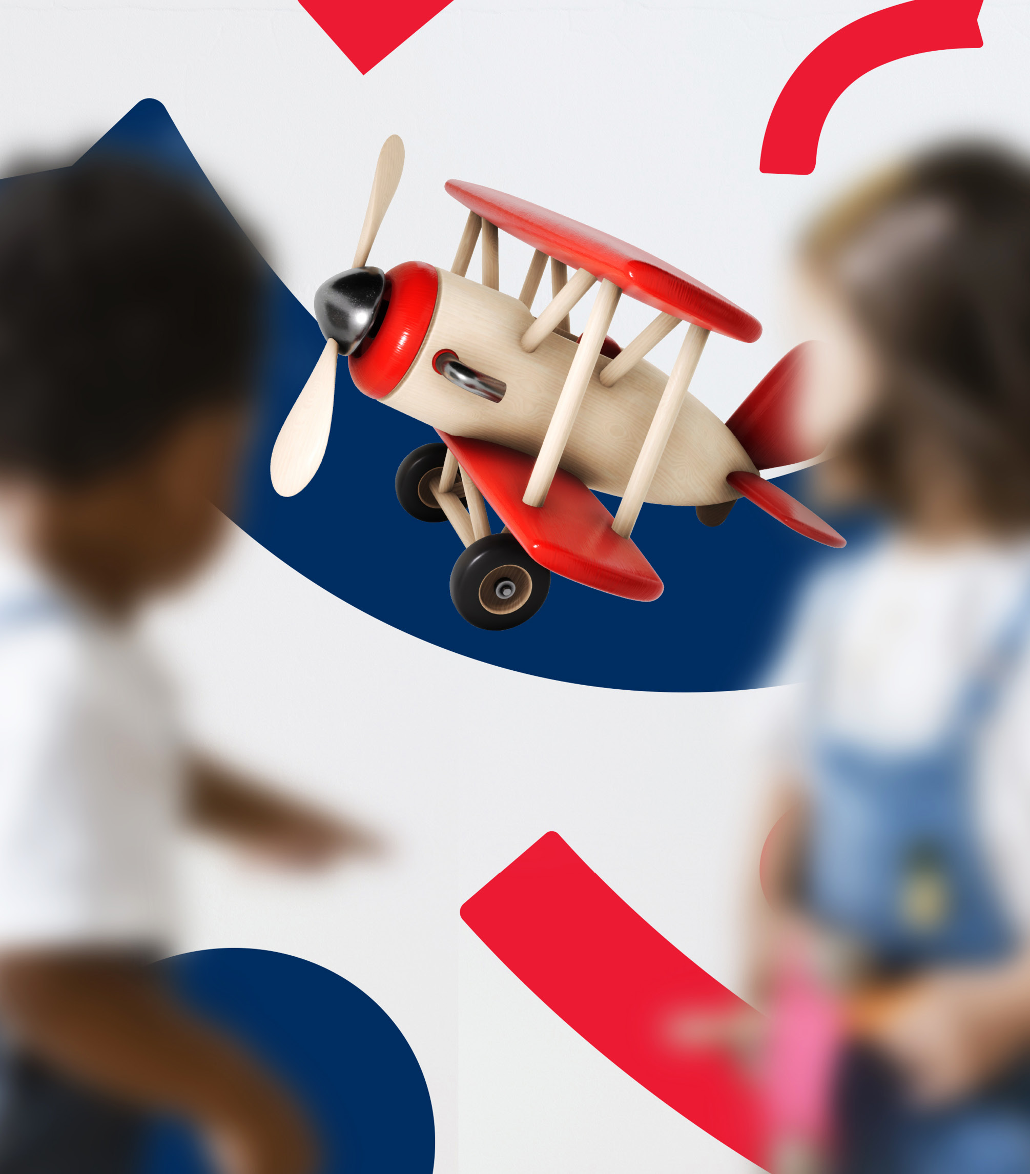 RAFA Kidz brand image showing small wooden propeller plane and two kids along with bright graphics in red and navy blue