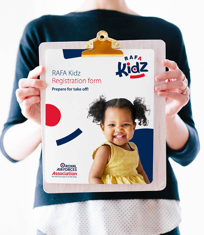 RAFA Kidz registration form featuring a small girl with cute pigtails