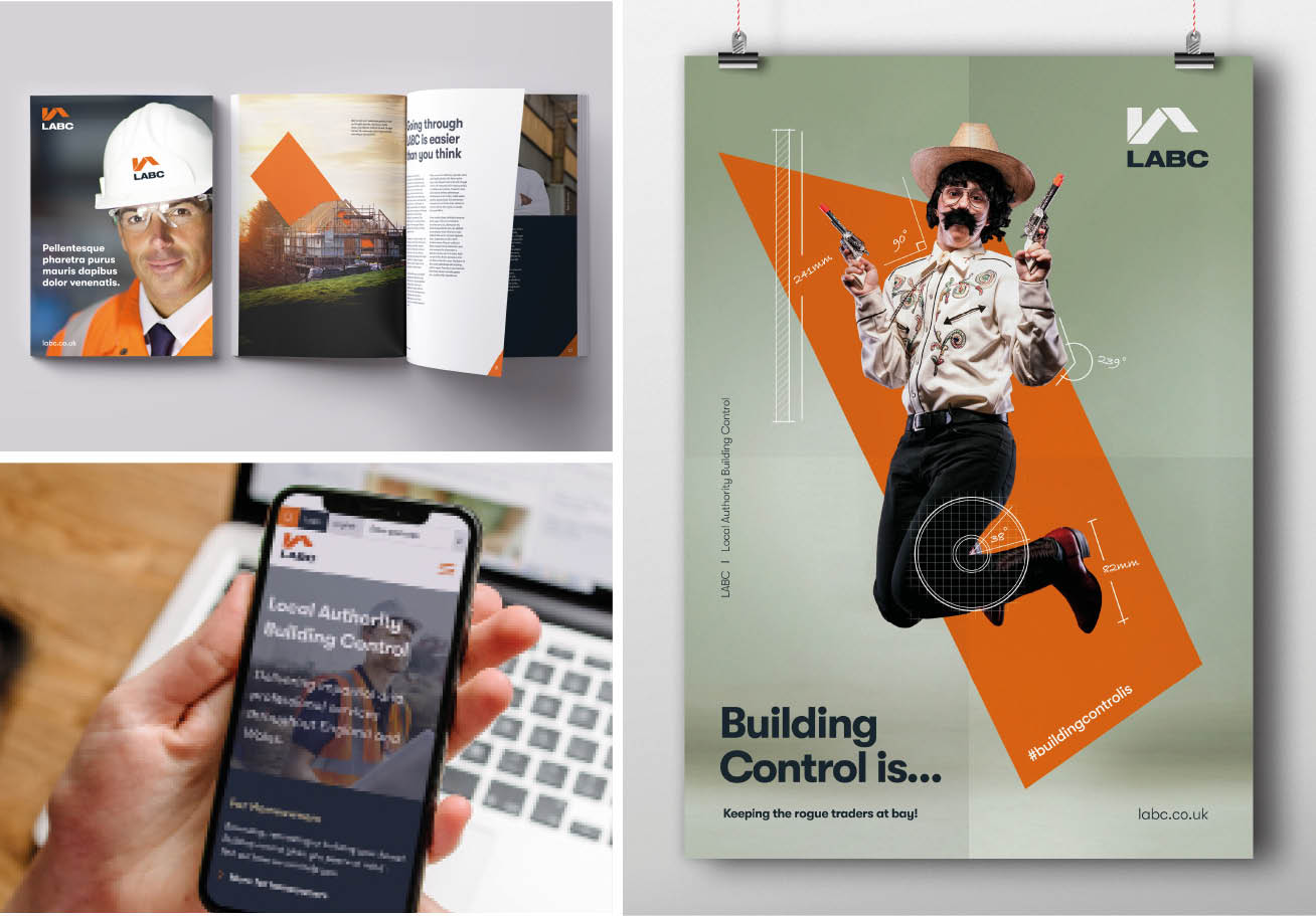 LABC branded collateral, website on mobile, brand poster