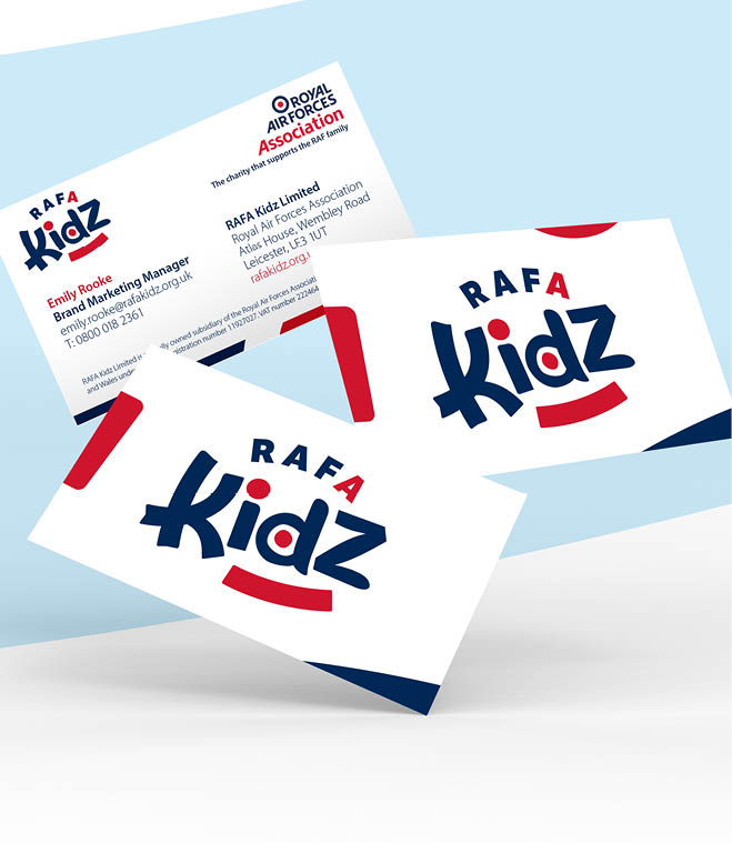 RAFA Kidz business cards. logo features an RAF symbol in the letter D