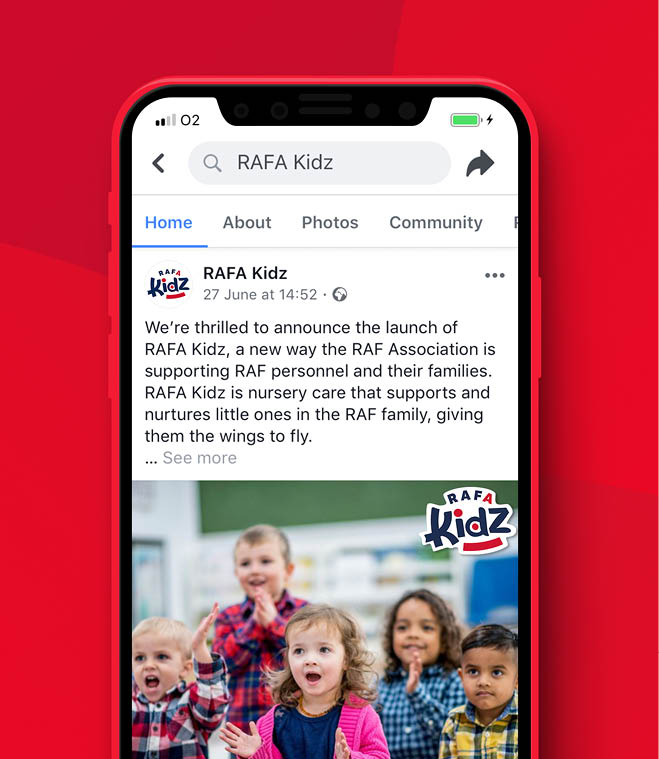 RAFA Kidz launch announcement on facebook post (shown on a mobile phone) 