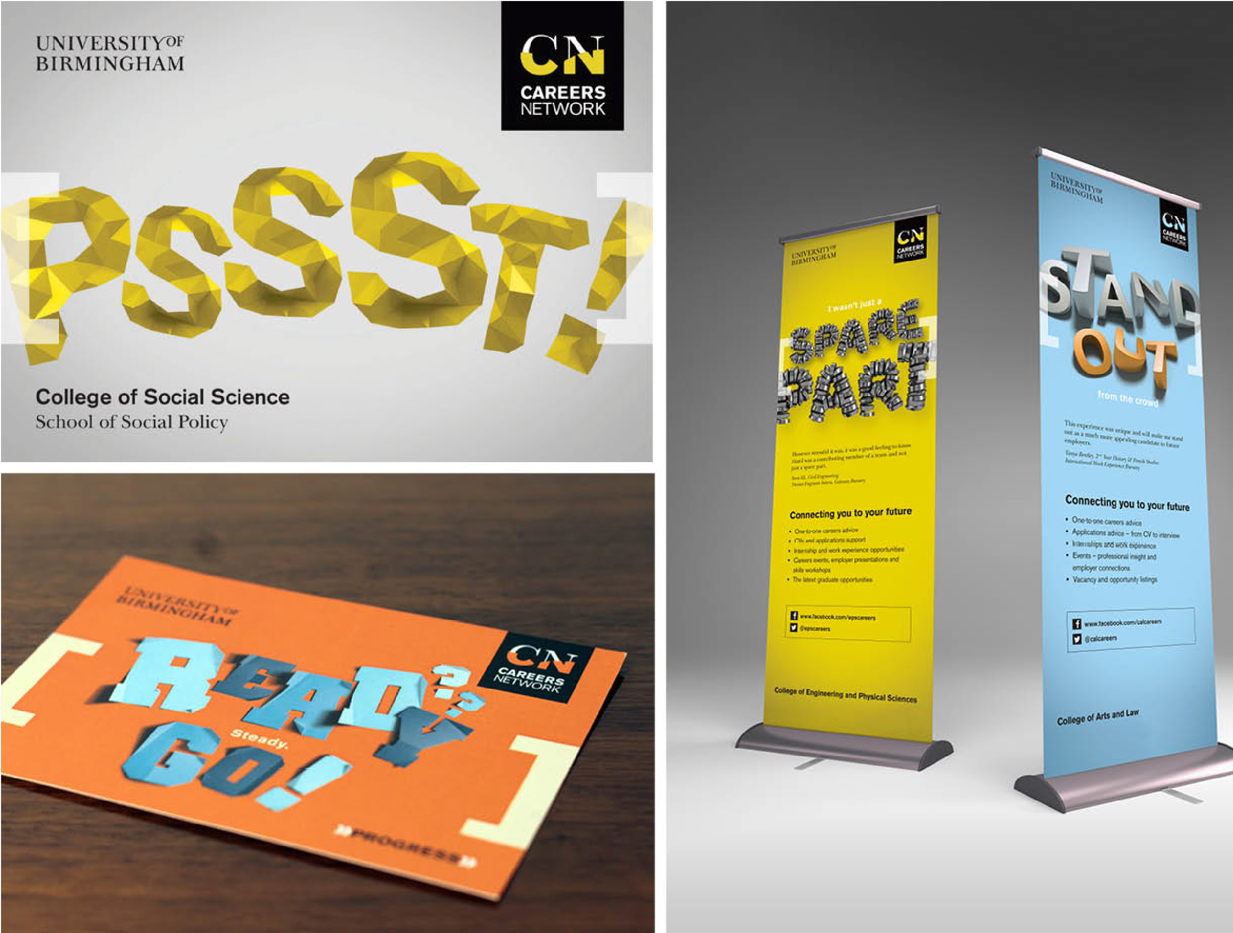 University of Birmingham Careers Network branding shown on marketing material and banner stands
