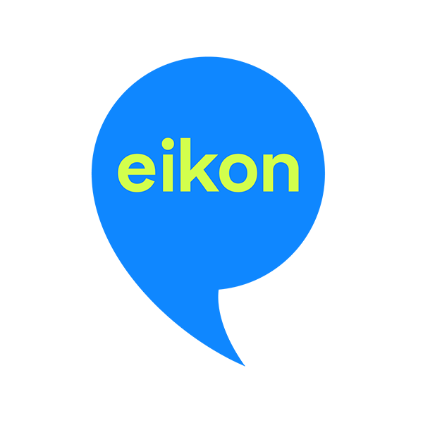 Eikon logo in blue speech bubble with yellow brand name 