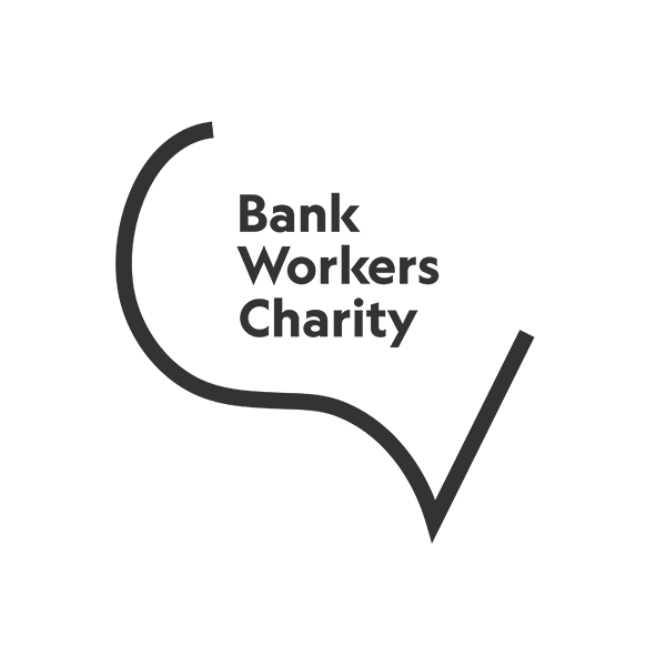 Bank Workers Charity new logo in plum. The name is partly enclosed in a speech bubble shape