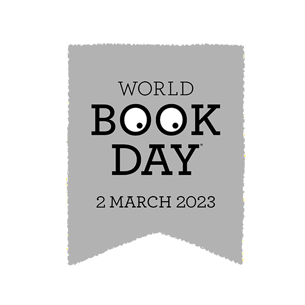 World Book Day logo on a grey tag, with eyes looking down and to the left inside the double O of book. Shows the date, 2 March 2023 