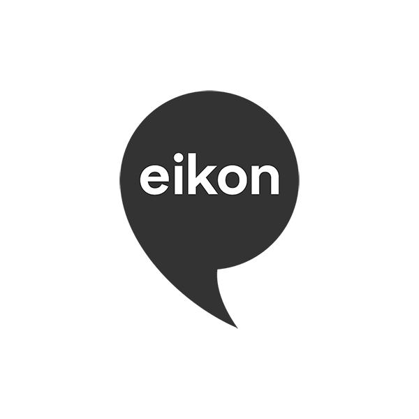 Eikon logo in speech bubble, grey and white