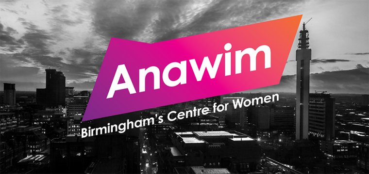 New Anawim logo and strapline "Birmingham's centre for women" shown on a background of a black and white aerial photo of Birmingham