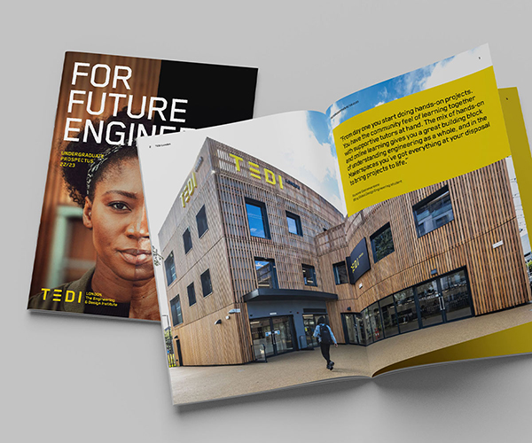 Mock up of a TEDI-London brochure. Cover shows half and half portraits of our two actors playing student Grace Alibe, and a double page spread shows the impressive TEDI-London building