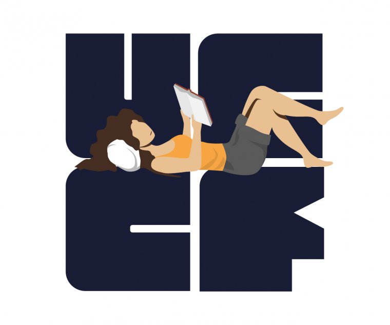 UCCF logo with illustrative element of a student reading a book