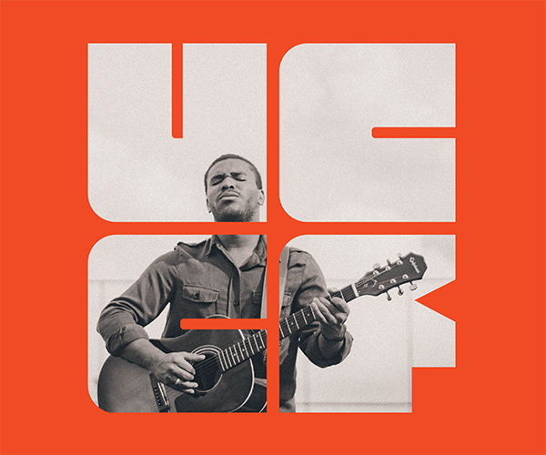 UCCF logo with black and white background photograph of a guitar player