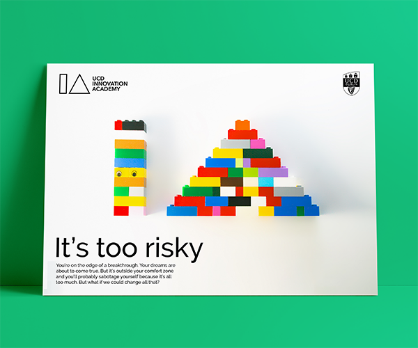 'It's too risky' campaign concept for Innovation Academy, featuring the letters IA built in Lego bricks