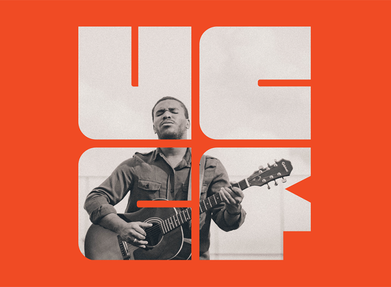 UCCF logo with black and white photo of a guitar player