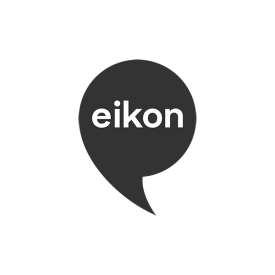 Eikon logo in speech bubble, grey and white