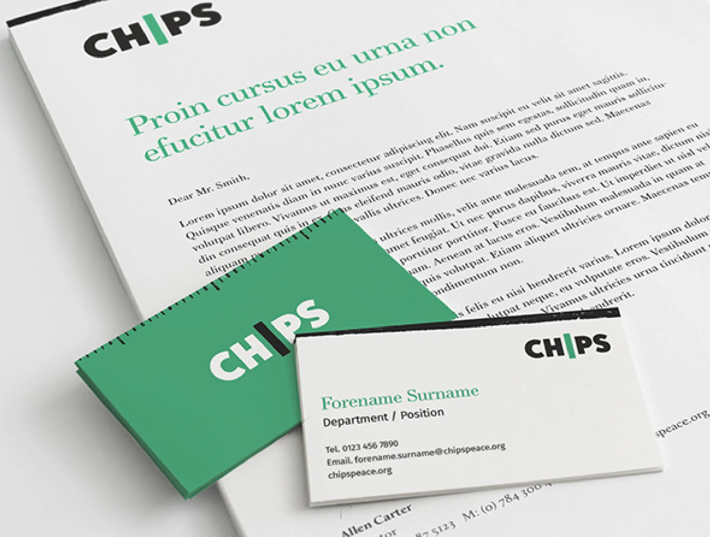 CHIPS charity brand shown on stationery and business cards