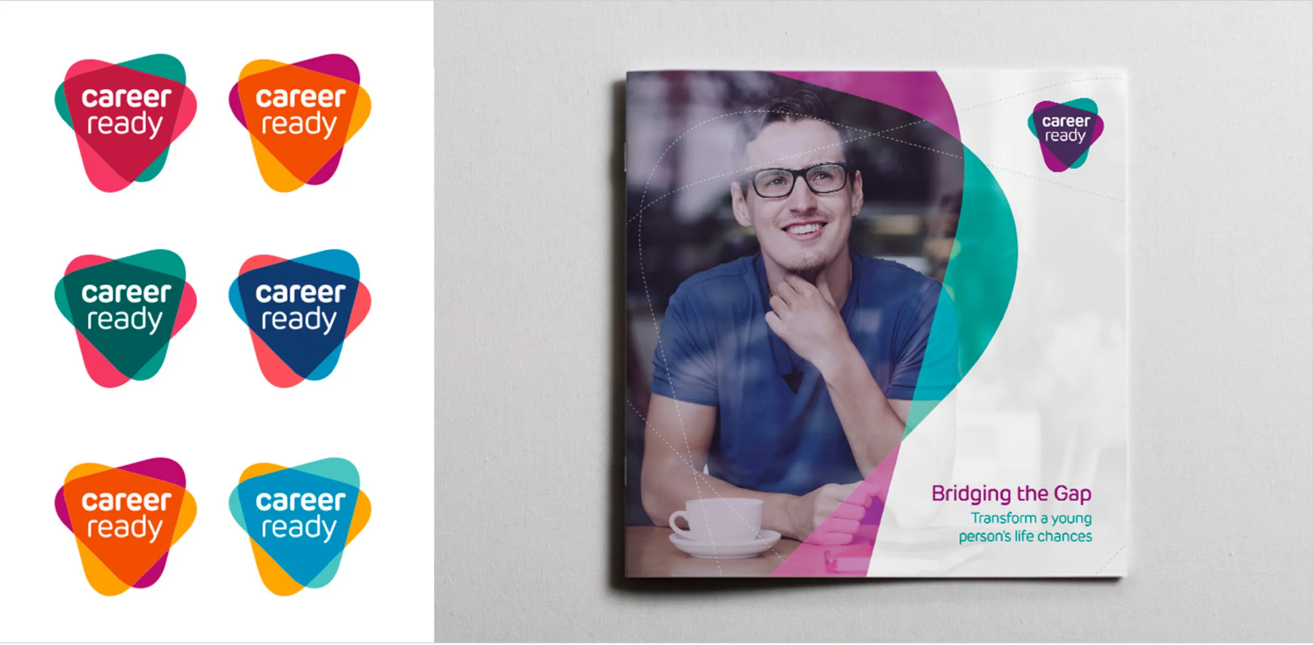 Career Ready charity brand brochure, alongside six alternate colour combinations permitted for the Career Ready logo