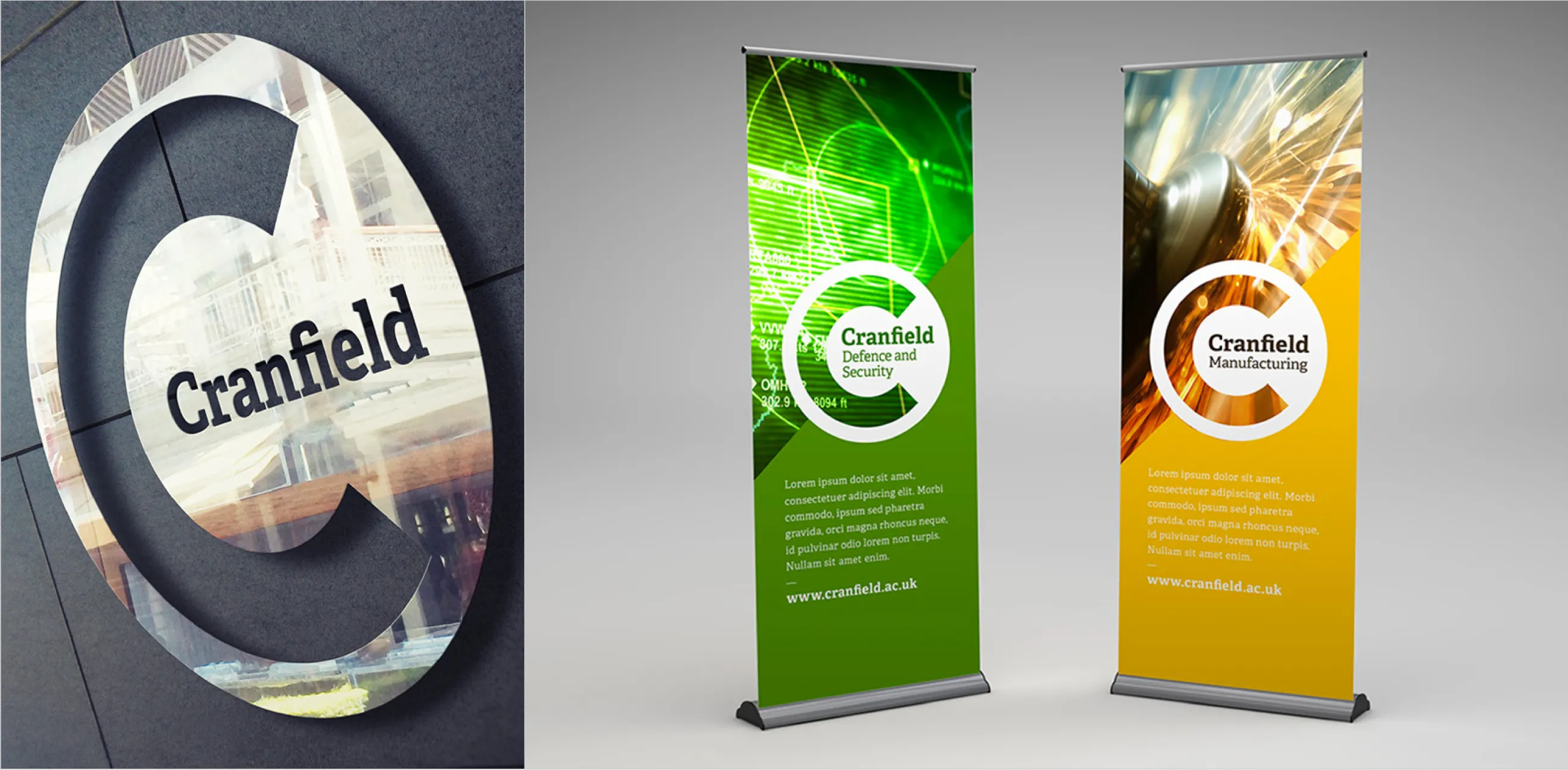 Cranfield University new logo roundel shown as chrome building signage, and branded banner stands