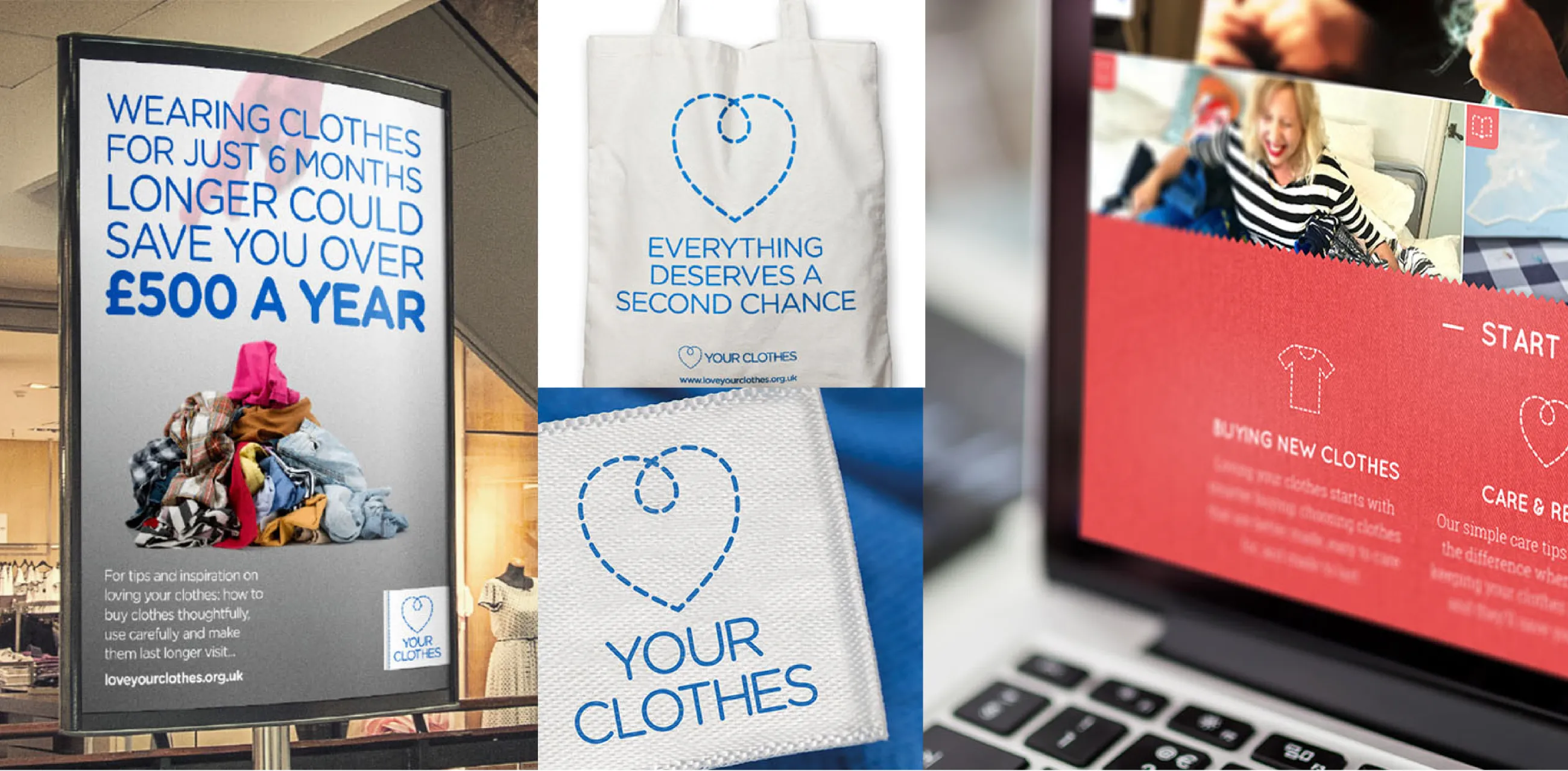 WRAP Love Your Clothes brand showing 'clothes label' logo containment device, website icons, tote bag and campaign poster designs