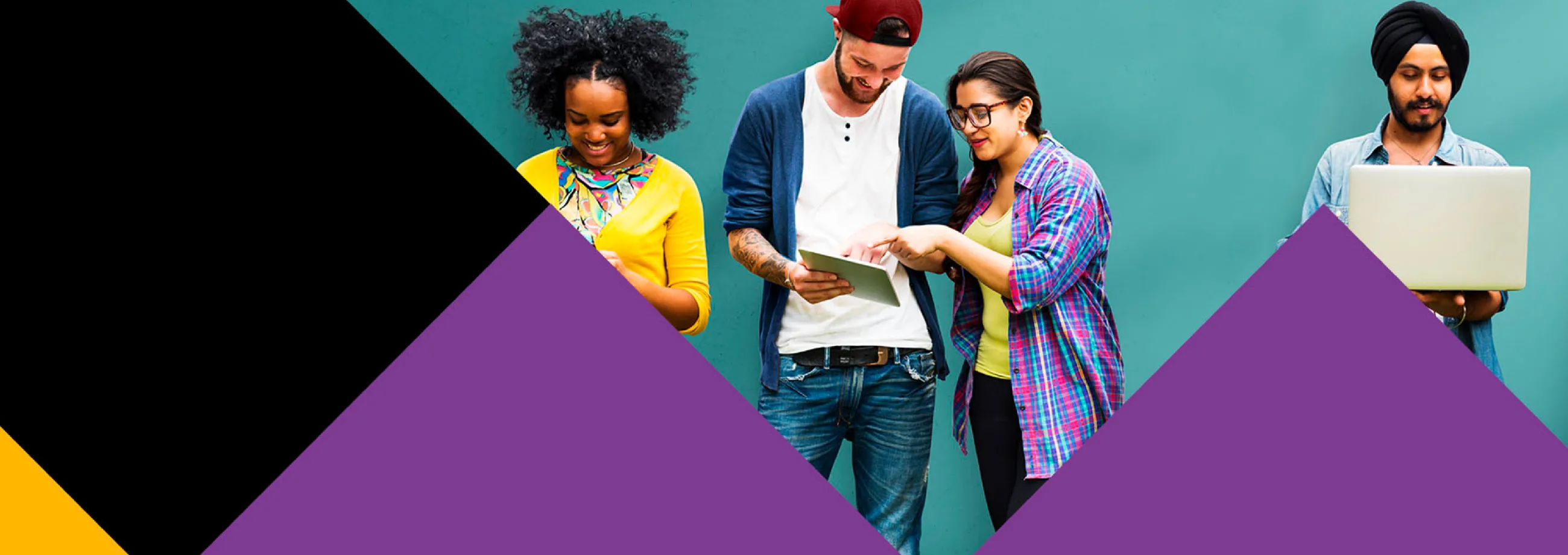 Warrington and Vale Royal College brand imagery showing ethnically diverse students alongside a bold, colourful graphic device