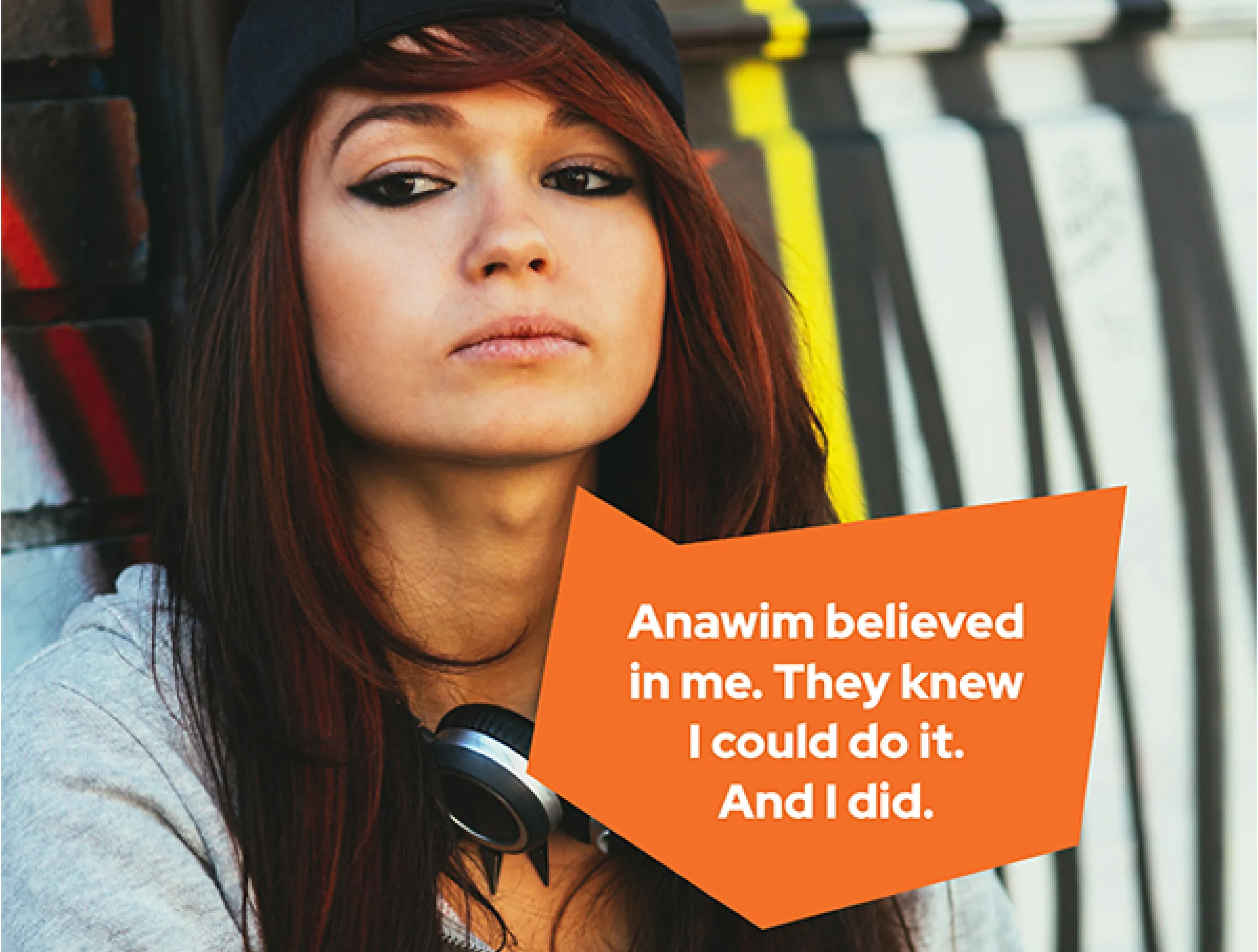 Anawim quote from a woman shown on an orange brand asset shape