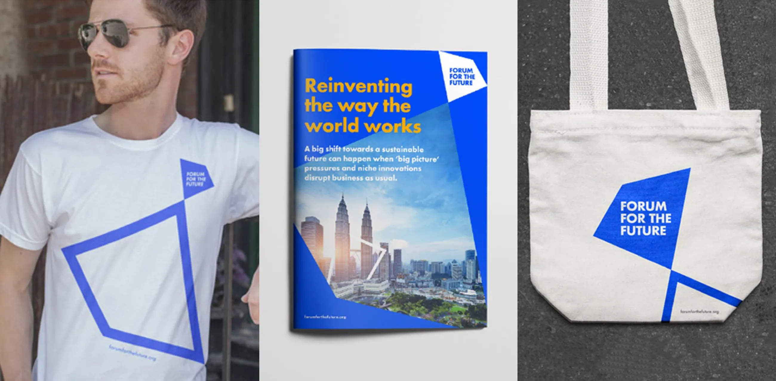 New Forum for the Future log and visual identity shown applied to t-shirts, bags and brochures