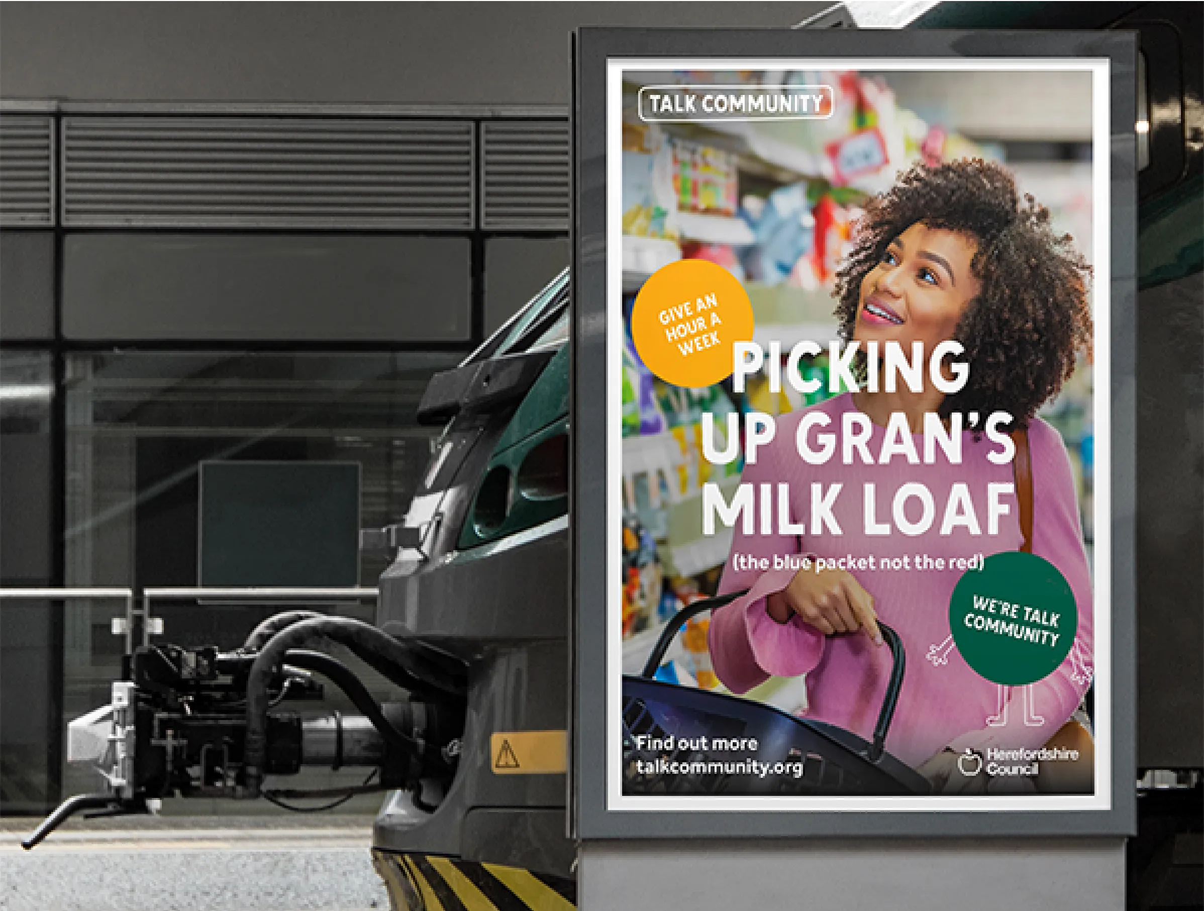 Talk Community Portrait Billboard saying 'Picking up gran's milk loaf'