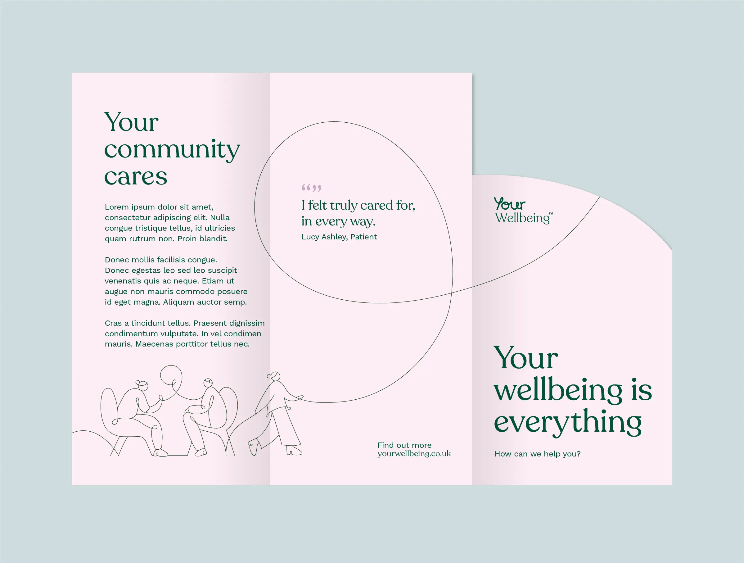 A Your Wellbeing leaflet folded into 3. It's printed in pale pink with a dark green logo and copy. Cover page says 'Your wellbeing is everything'. Inside headline says ' Your community cares'. Internal quote from a patient reads 'I felt truly cared for in every way'. 