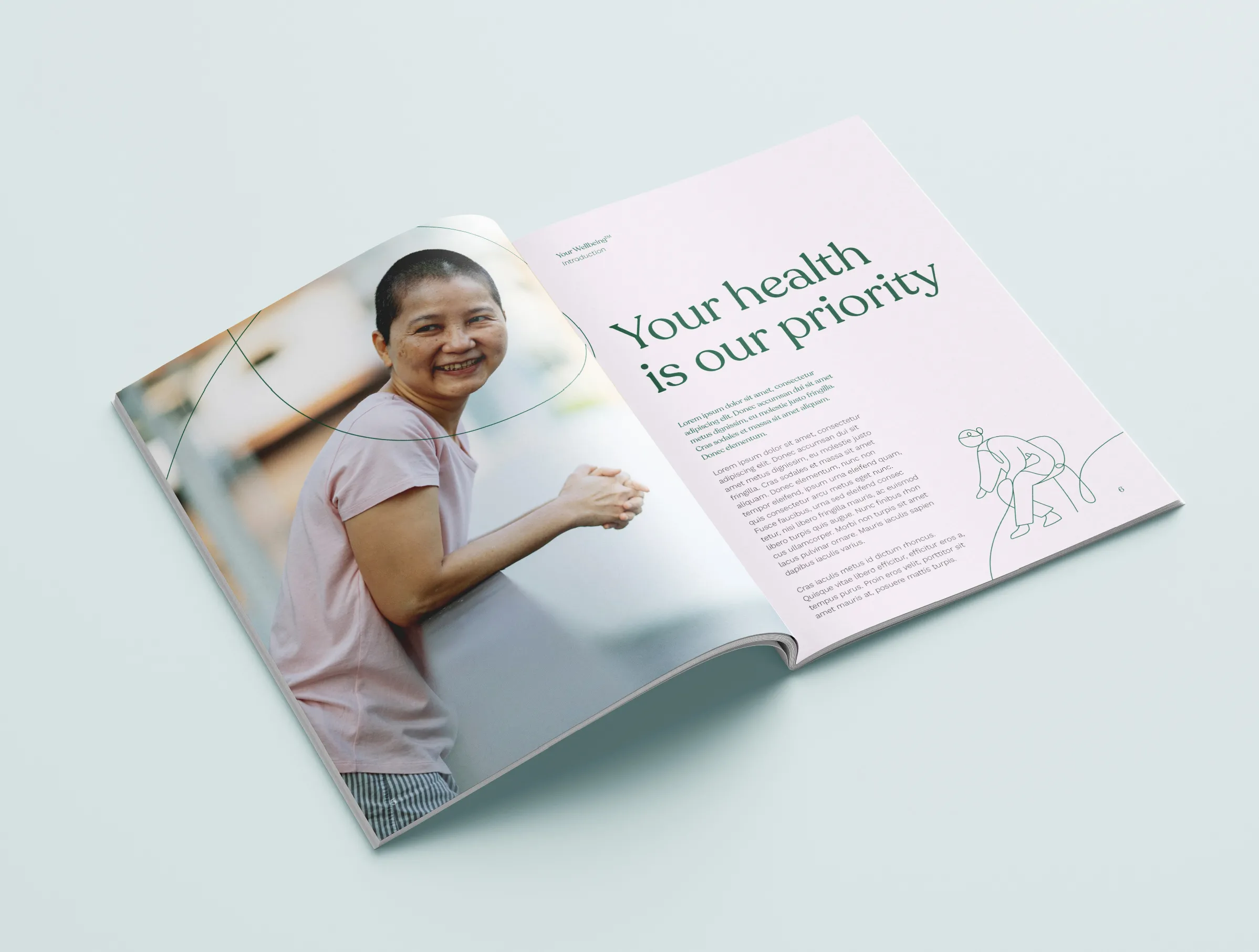 An open magazine or brochure showing the headline 'Your health is our priority'. On the opposite page, a woman with a shaved head is leaning on a low wall and smiling