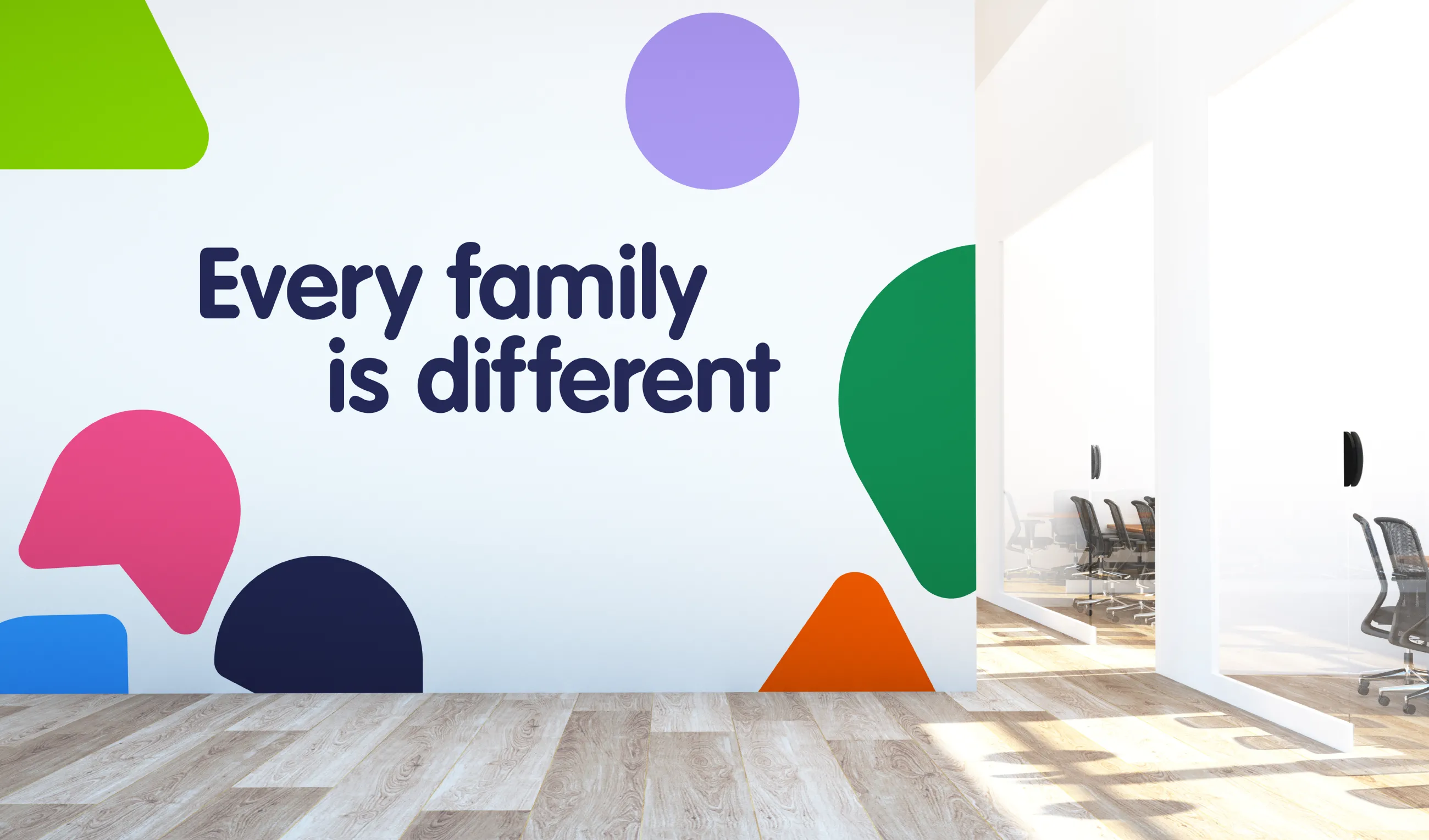A wall design in an office with a variety of Family Action's shapes with text saying 'Every family is different'